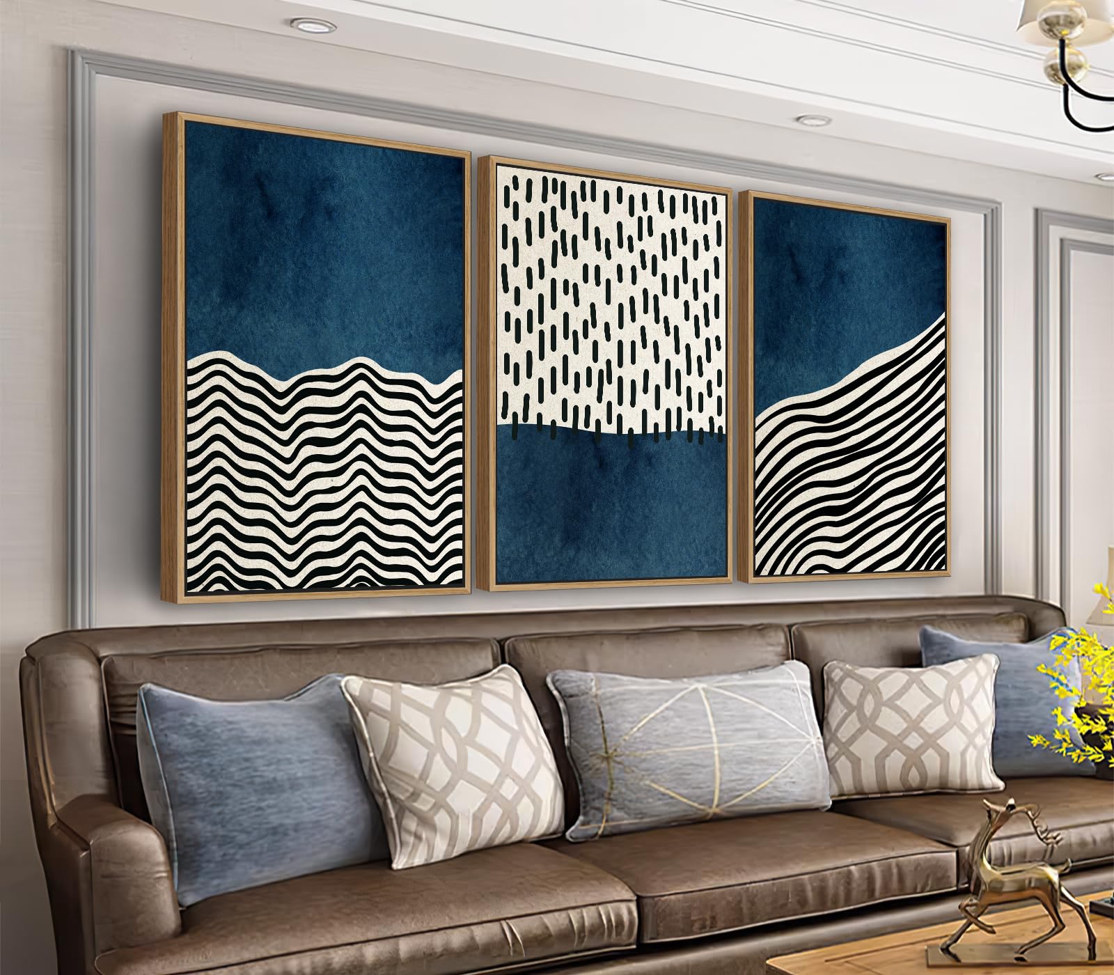 Indigo Wave Wall Art Set – 3 Piece Mid-Century Canvas Collection